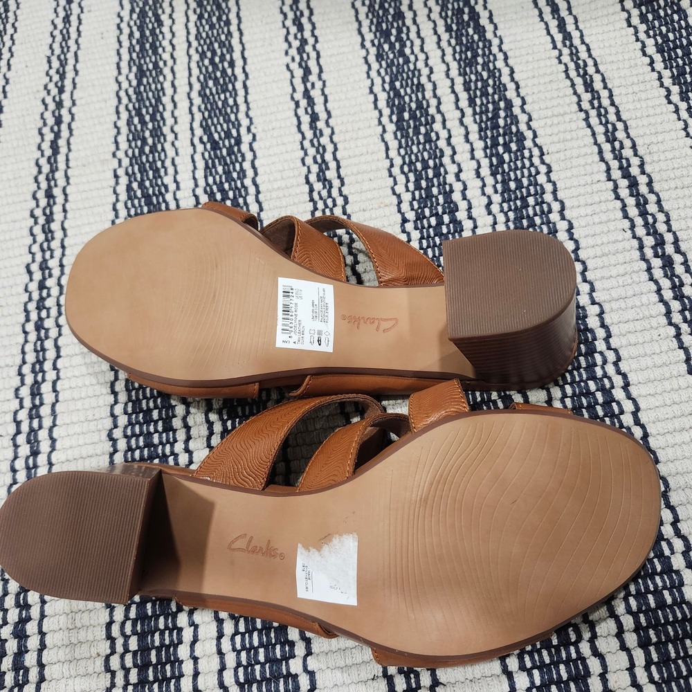 Clarks Collection Tan Leather Multi Strap Block Heel Slide Sandals Women 8.5 M - Picture 12 of 13
